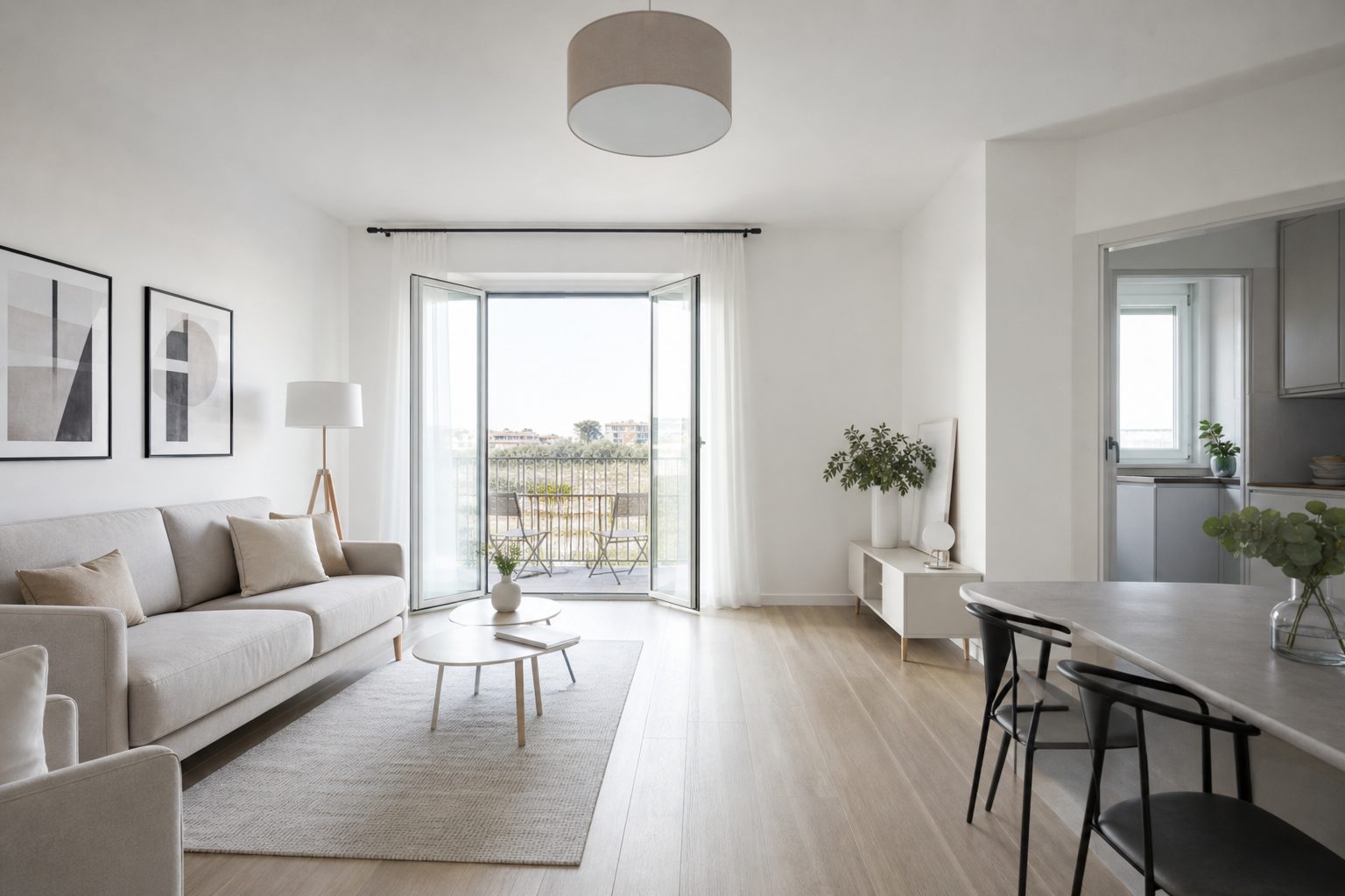 Zona pranzo moderna con tavolo, sedie e cucina sullo sfondo in un appartamento luminoso